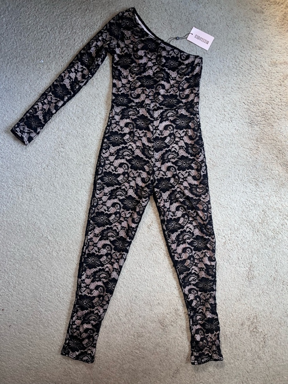 Missguided One-Shoulder Black Lace Overlay Jumpsuit with Nude Lining